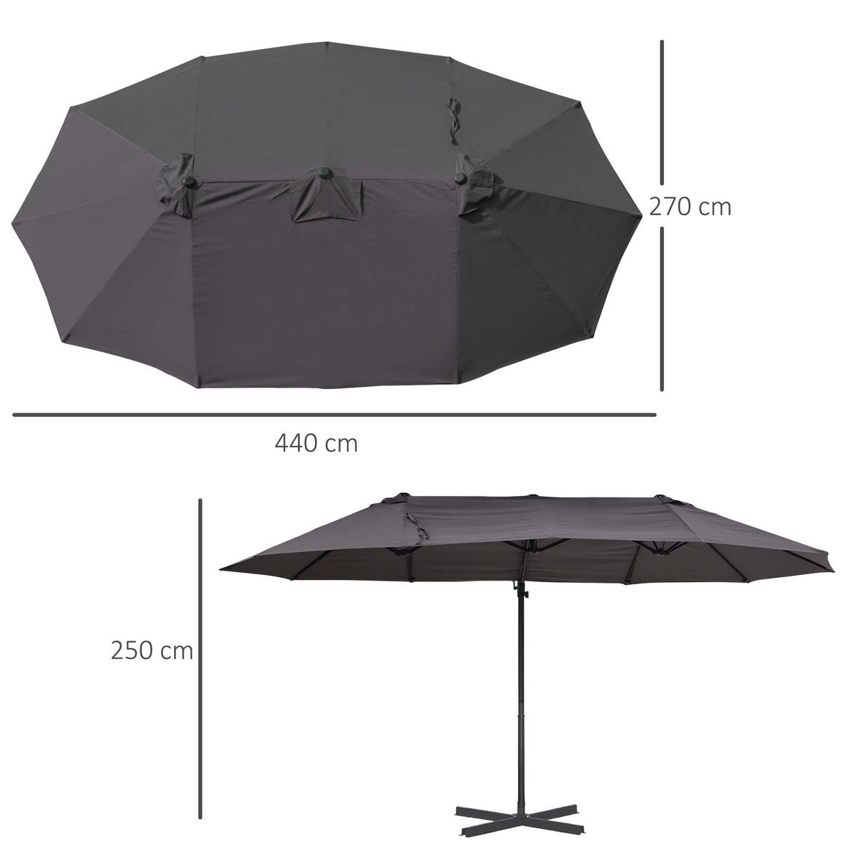 OUTSUNNY Parasol déporté grande taille XXL inclinable dim. 4,4L x 2,7l x 2,5H m piètement en acier inclus polyester gris