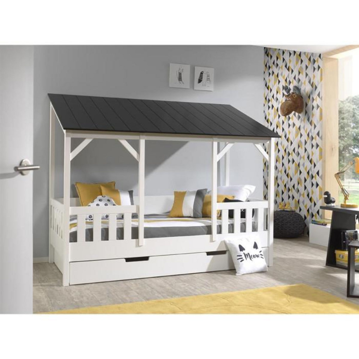 Paris Prix Pack - Lit Cabane Enfant & Tiroir  Housebed III  90x200cm Blanc & Noir