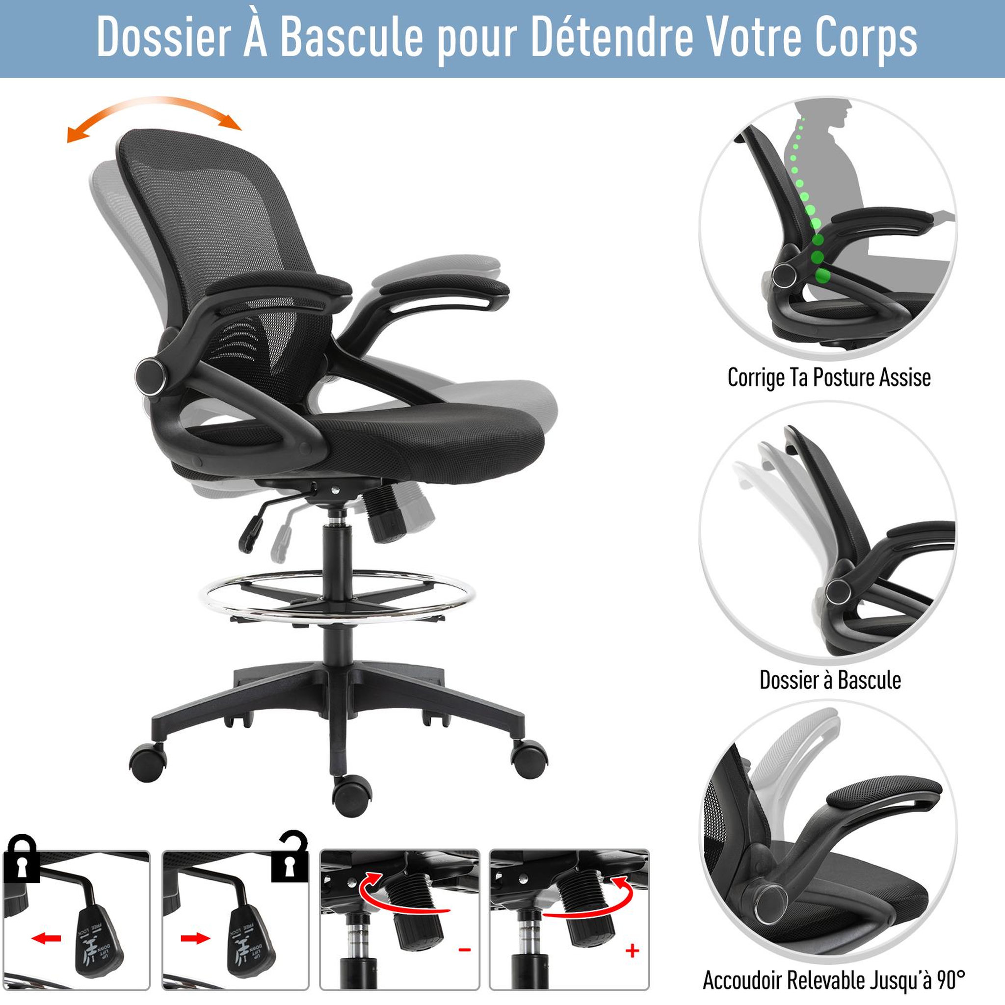 Voir la diapositive 4 : HOMCOM Fauteuil de bureau chaise de bureau assise haute réglable dim. 64L x 60l x 106-126H cm pivotant 360° maille respirante noir