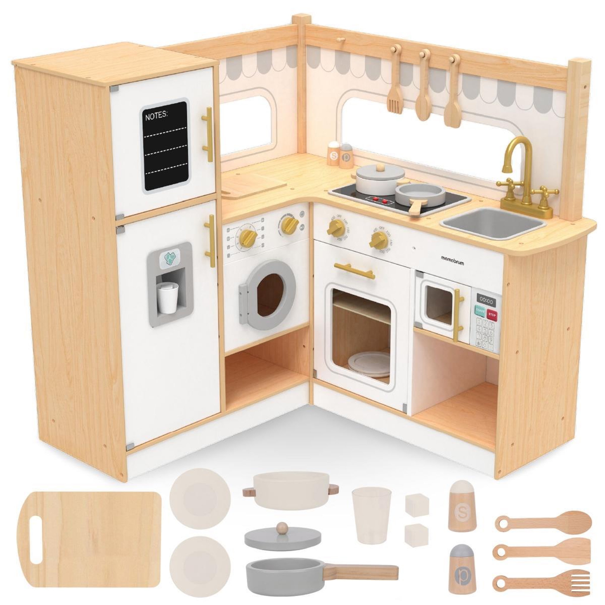 MAMABRUM Cuisine Enfant en Bois XXL Naturelle avec Réfrigérateur, Micro-ondes, Four et Accessoires, dès 3 Ans
