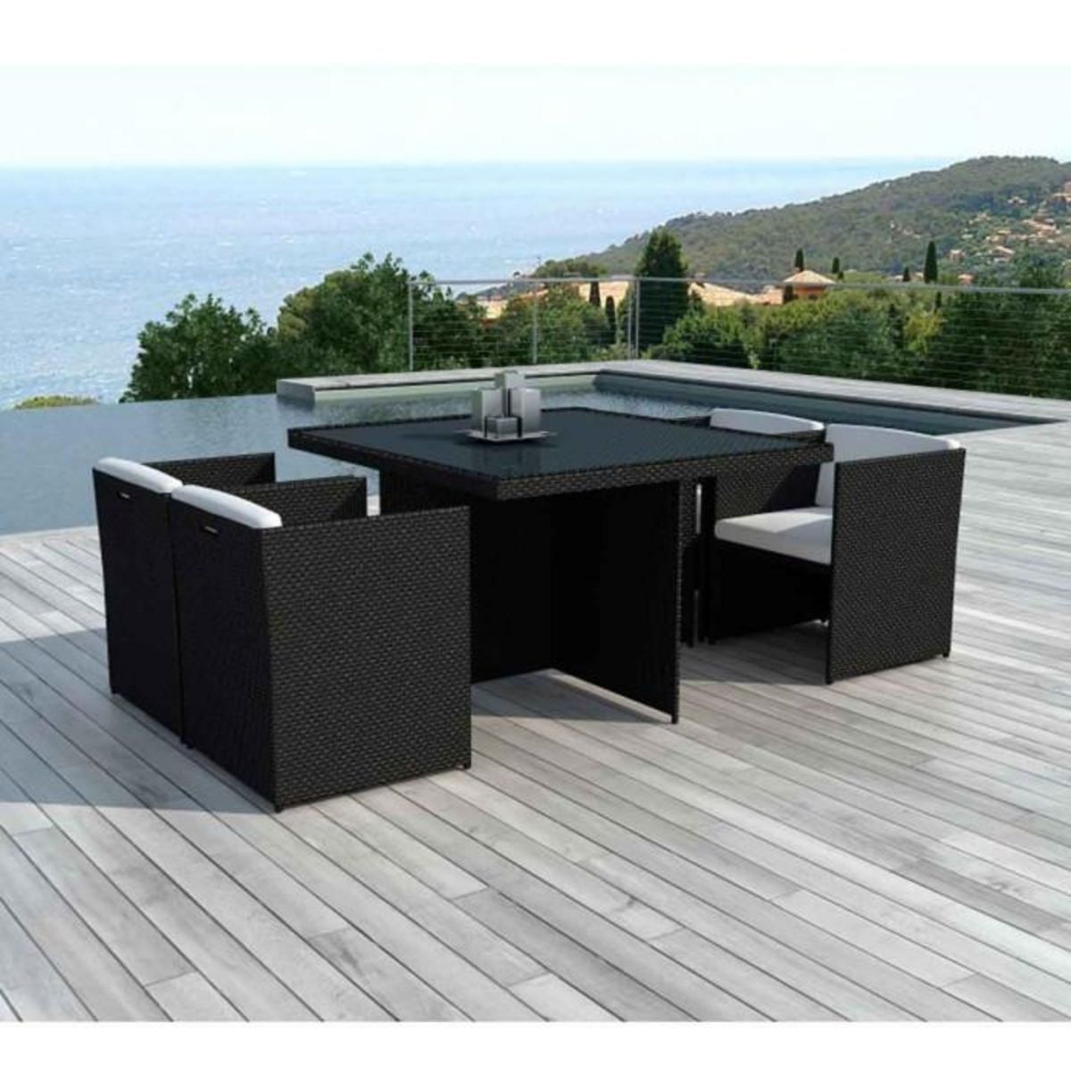 Paris Prix Table & 4 Fauteuils de Jardin  Rocha  115cm Noir & Écru