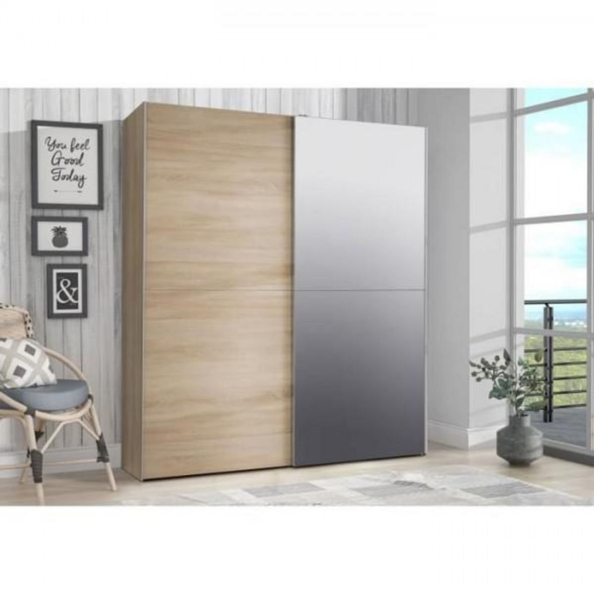 MARKET24 Armoire 2 portes coulissantes avec miroir - Chene sonoma - L 170,3 x P 61,2 x H 190,5 cm - ULOS