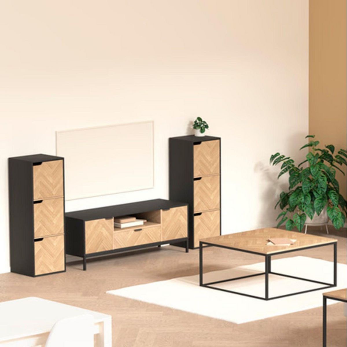 FIVE Meuble TV 2 portes et 1 tiroir en bois et métal CHEVRONS - Beige et noir