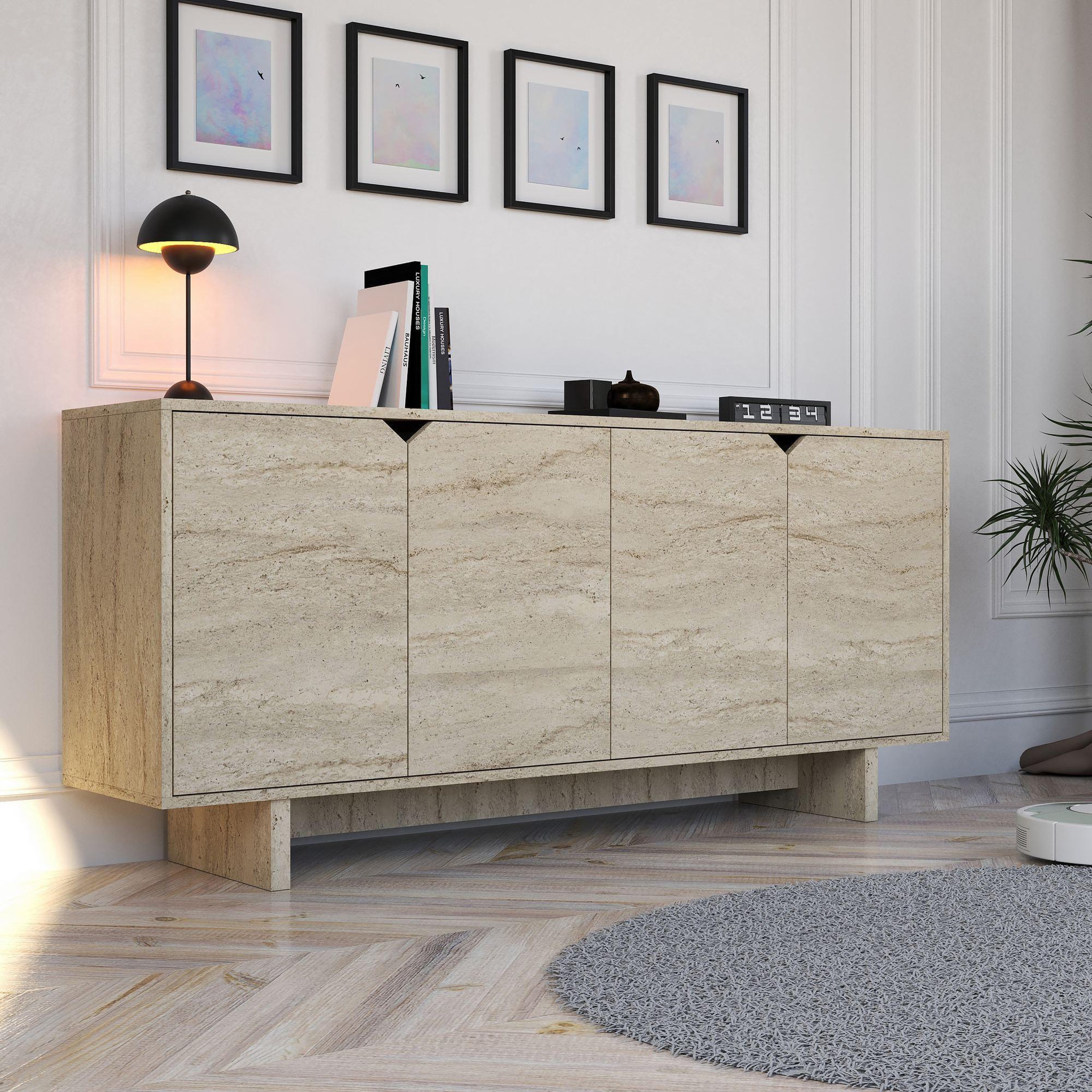 Voir la diapositive 2 : Habitat et Jardin Buffet en bois  turan  - 180 x 40 x 81 cm - travertin