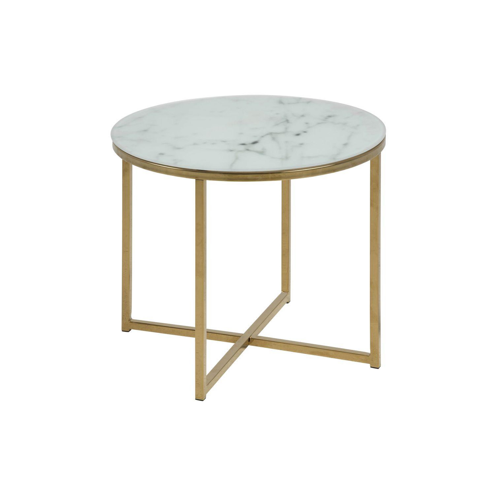 TOILINUX Table à café ronde effet marbre en verre et métal - diam. 50 cm x h. 42 cm - doré et blanc