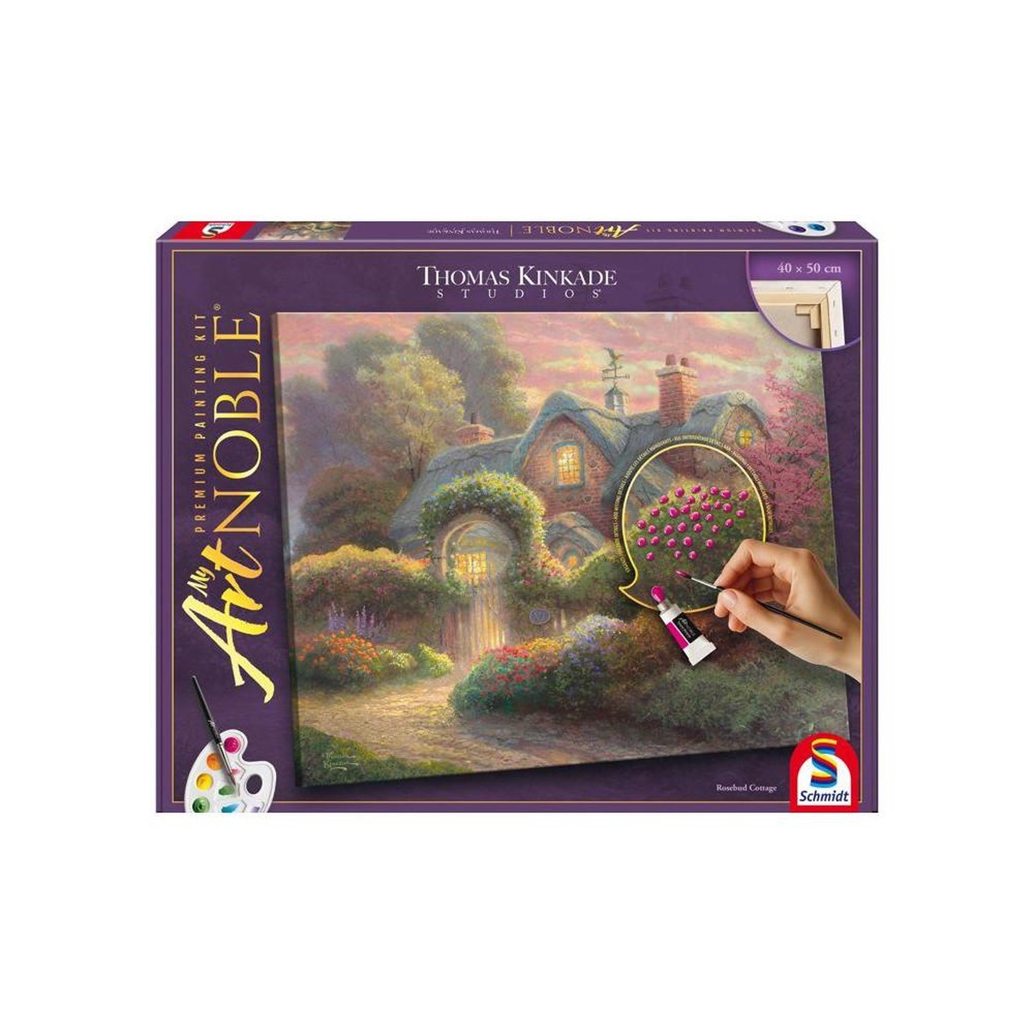 Schmidt Spiele Coffret peinture diy premium my artnoble thomas kinkade rosebud cottage, toile imprimée 50 x 40 cm, 8 peintures acryliques, pinceau rond et guide pas à pas