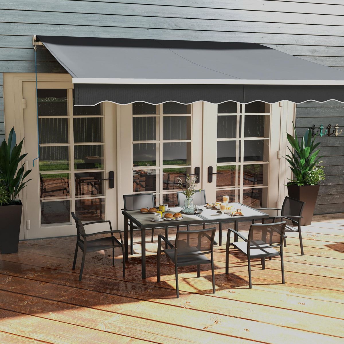 OUTSUNNY Ensemble salon de jardin 6 places 7 pièces avec table à manger acier textilène aspect bois gris