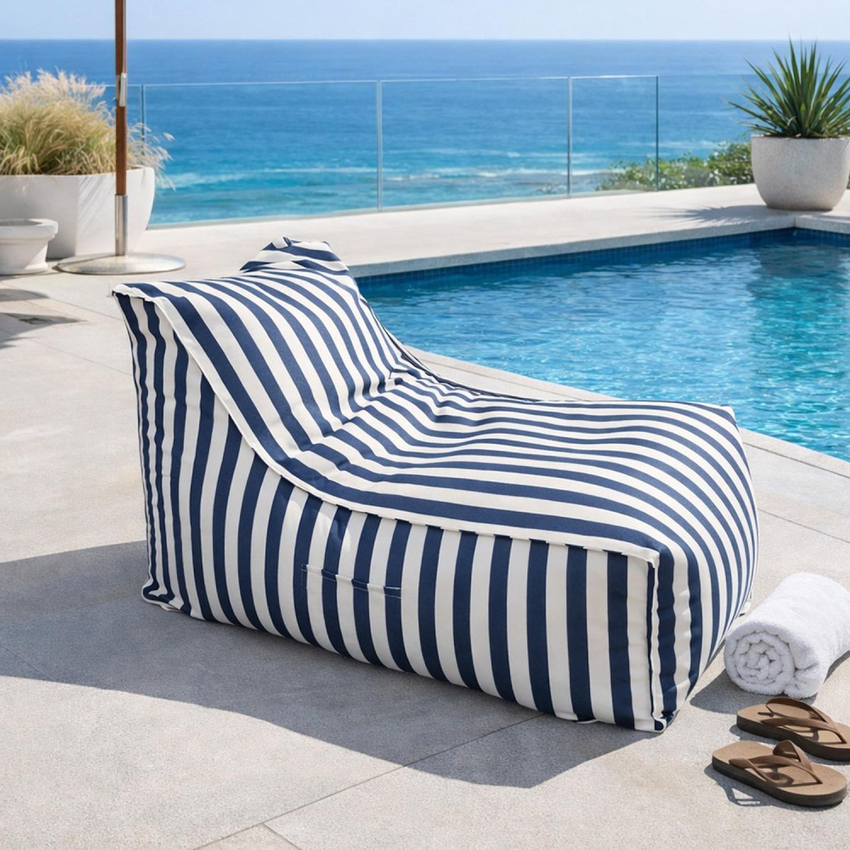 CONCEPT USINE Ensemble de poufs d'extérieur rayés bleu déperlant et POSITANO