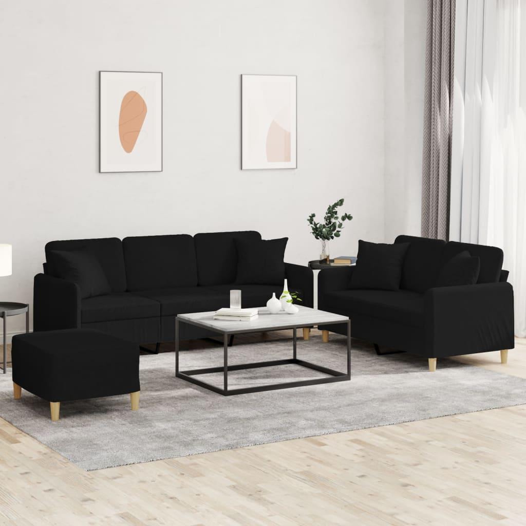 VIDAXL Ensemble de canapes 3 pcs avec coussins noir tissu