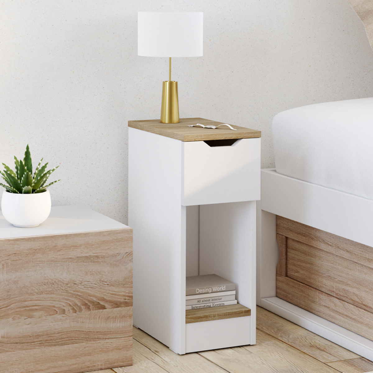 ID MARKET Lot de 2 tables de chevet ANOUK 1 tiroir avec niche blanc et bois