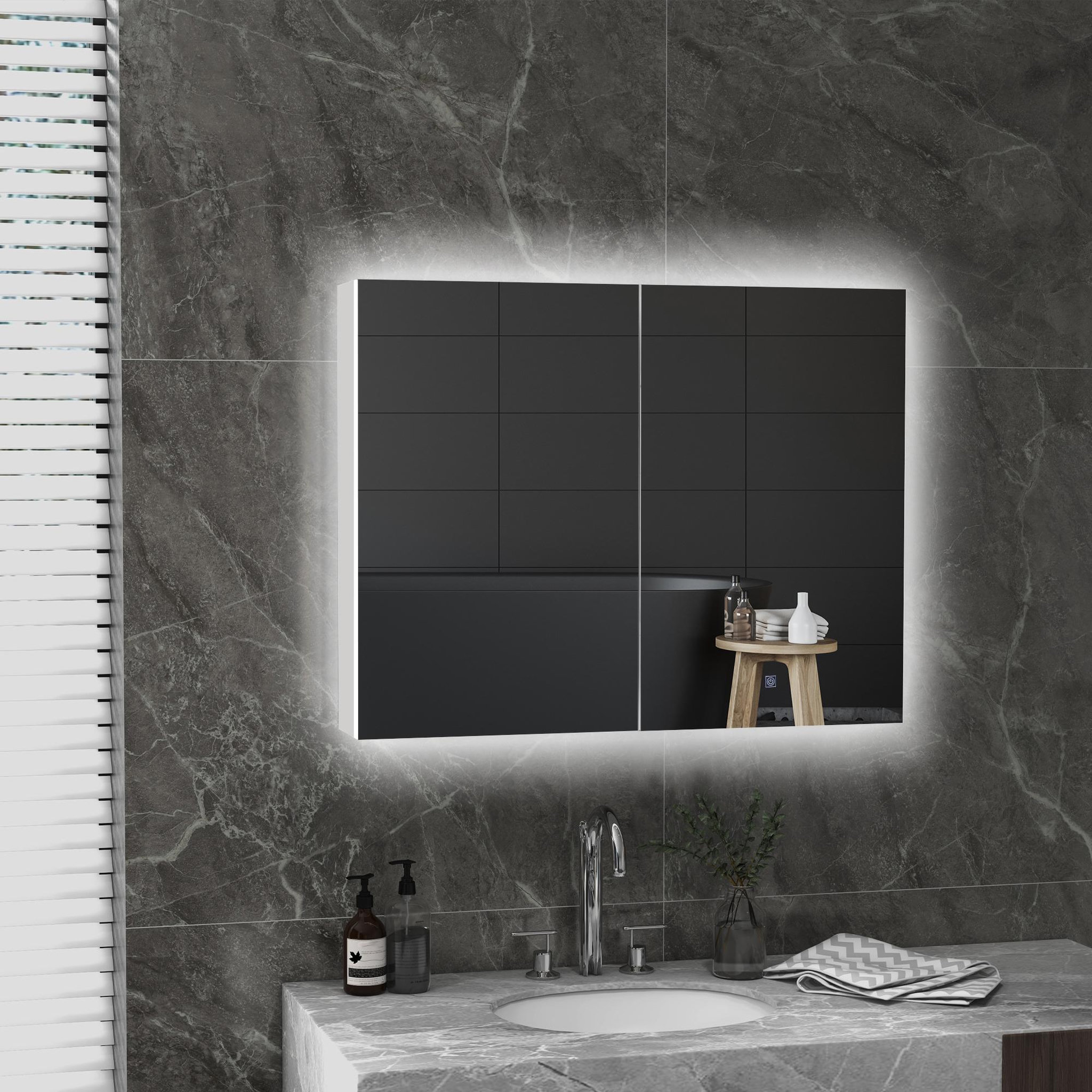 Voir la diapositive 4 : KLEANKIN Armoire miroir led de salle de bain - 2 portes, 2 étagères - tactile, lumière réglable - mdf blanc laqué verre