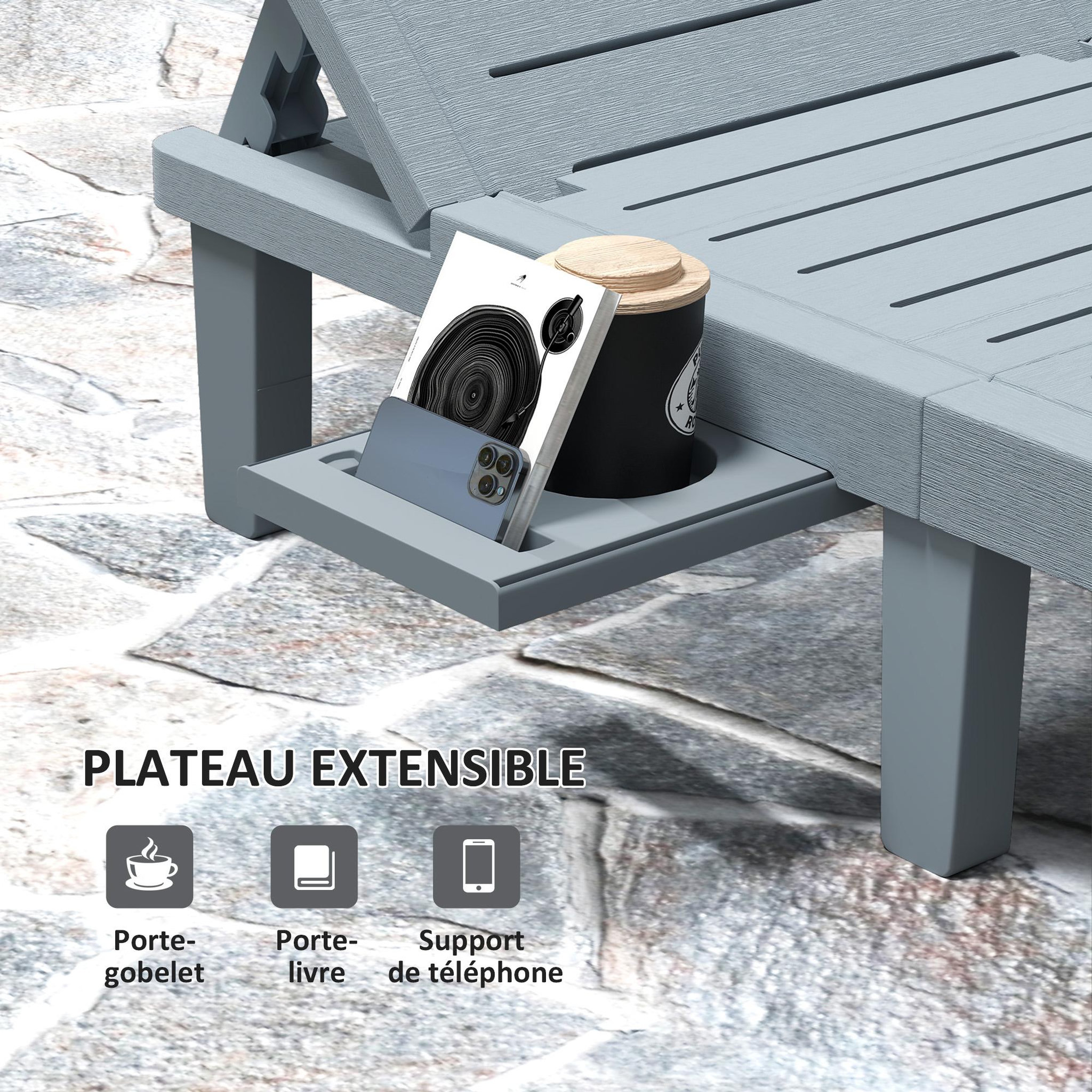 Voir la diapositive 6 : OUTSUNNY Lot de 2 bains de soleil inclinable - plateau rétractable - PP texturé effet bois gris