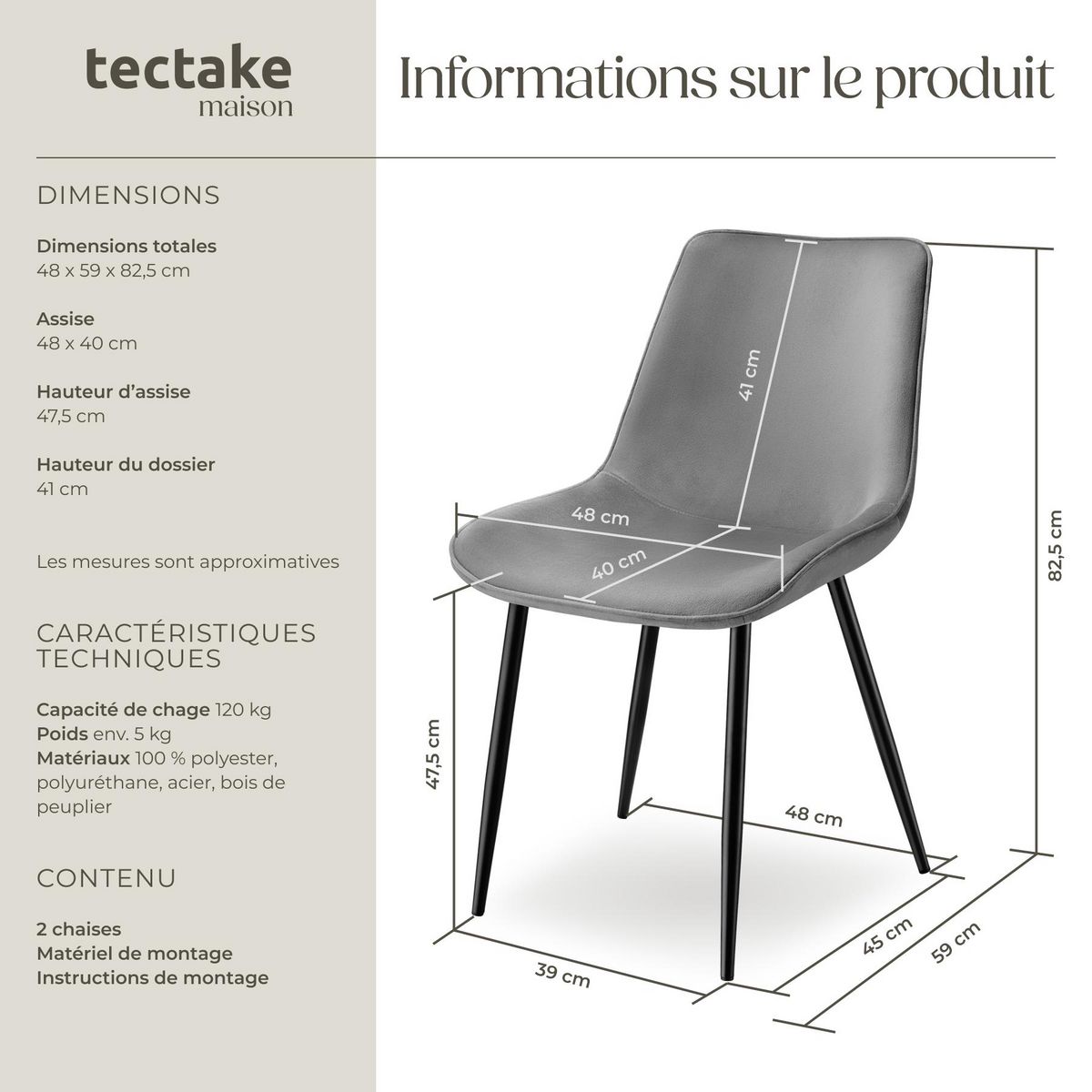 tectake Lot de chaises rembourrées aspect velours gris Lot de 2