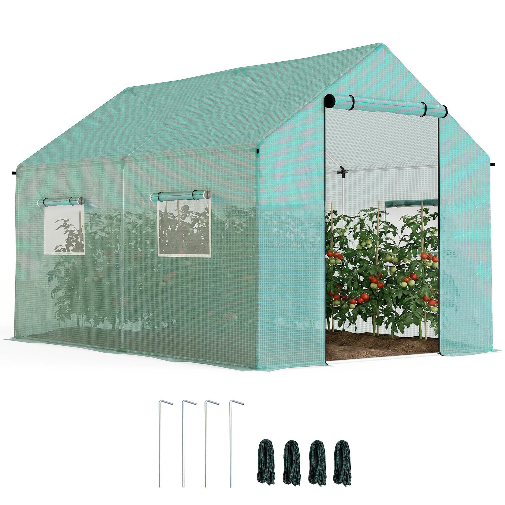 OUTSUNNY Serre de jardin tunnel 6 m² porte 4 fenêtres acier galvanisé PE vert
