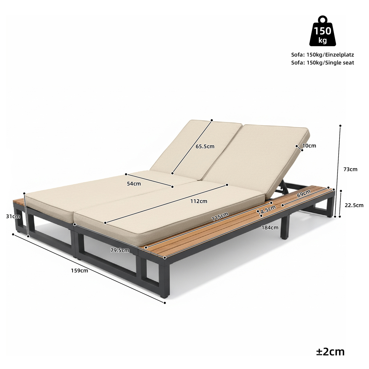 MERAX Bain de soleil 2 places en métal et bois avec dossier réglable, coussin et étagères