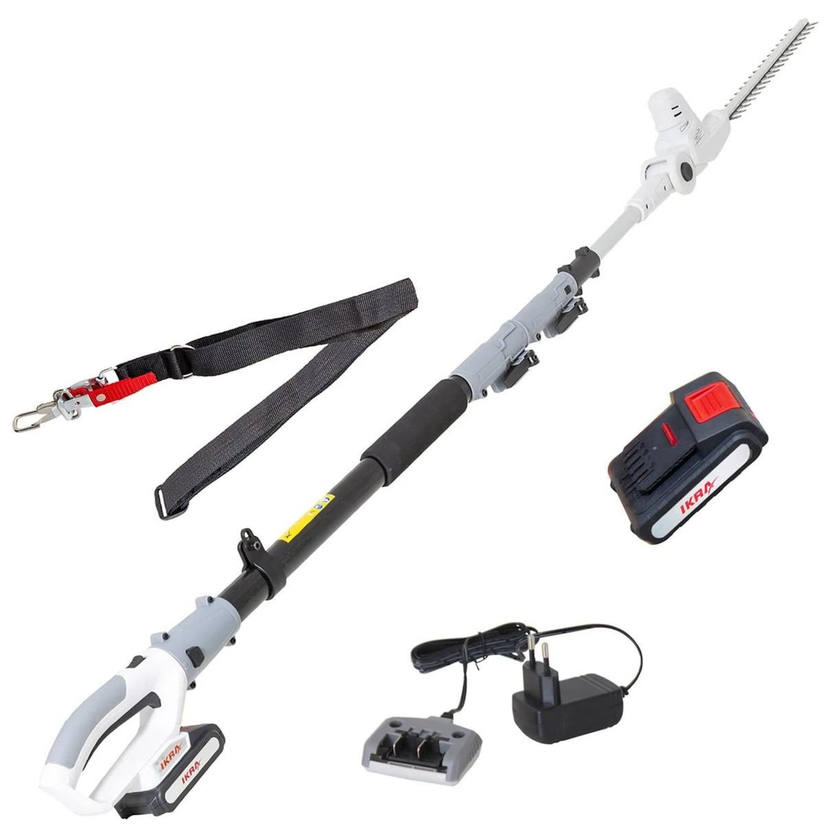 Ikra Taille haie sur perche téléscopique 20V - Coupe longueur 40 cm - Batterie lithium 2.0Ah Chargeur 20V - IKRA