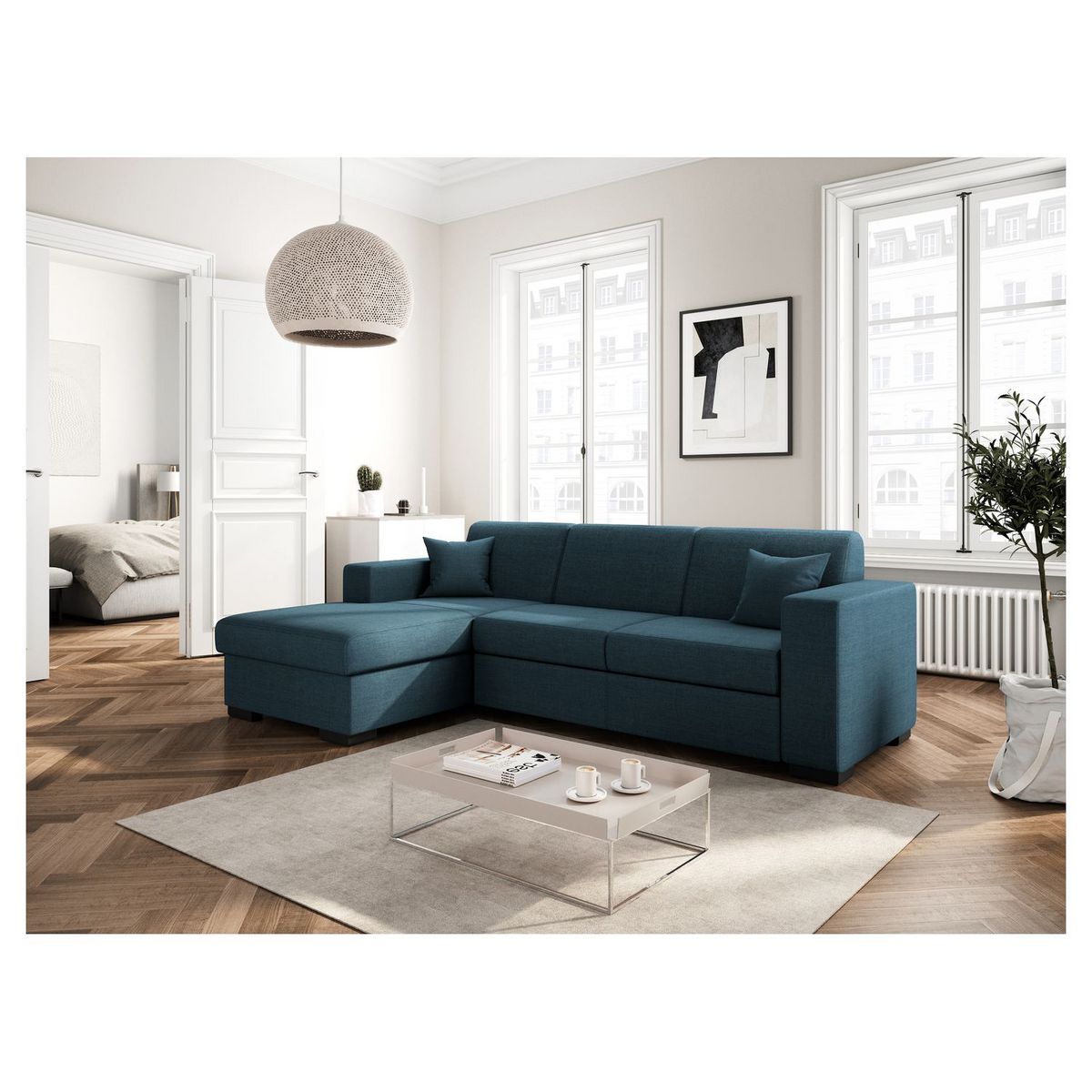 Canapé d'angle gauche convertible  4 places avec coffre tissu CARIBEA