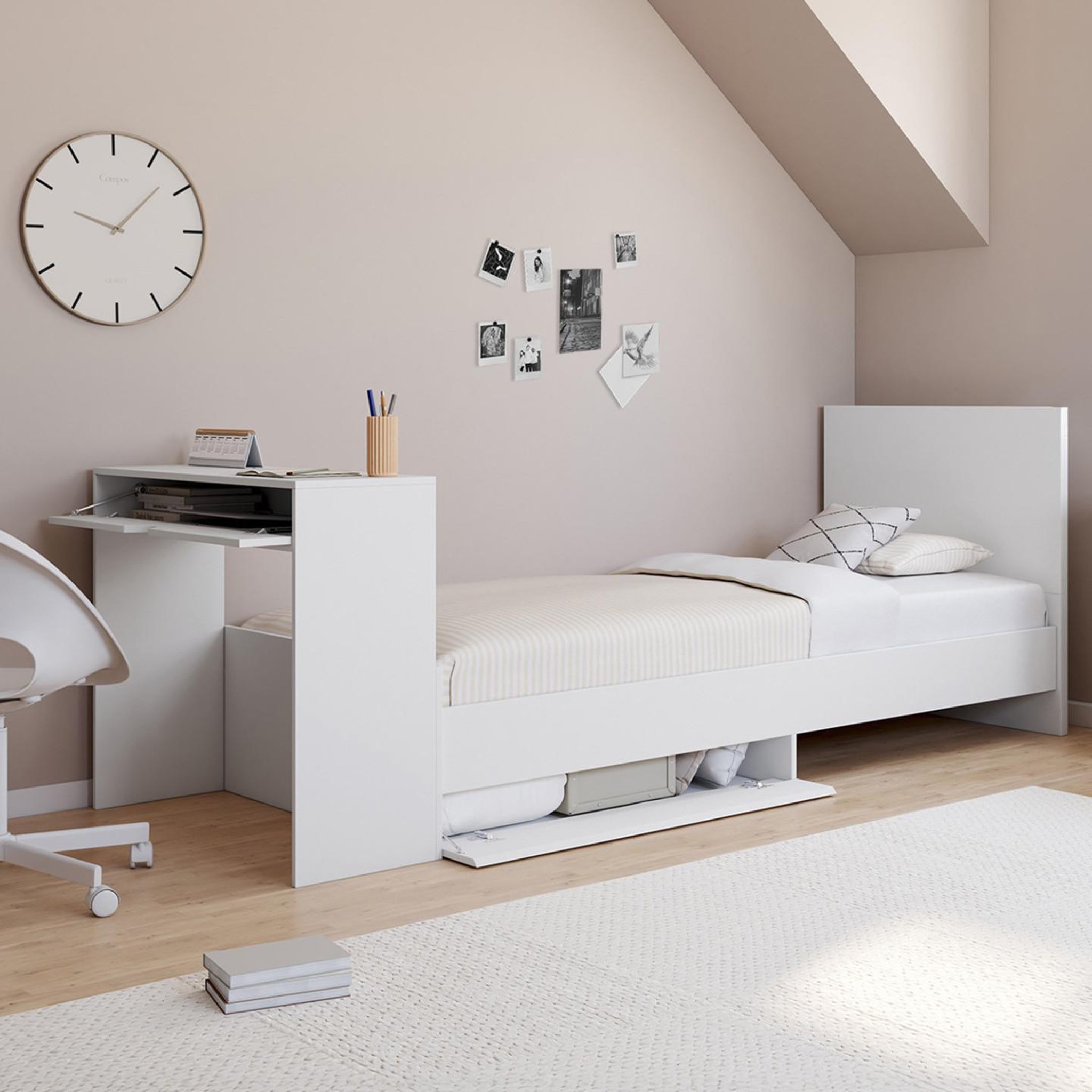 Voir la diapositive 2 : ID MARKET Lit simple omaha 90 x 190 cm avec sommier, tête de lit, bureau et rangements blanc