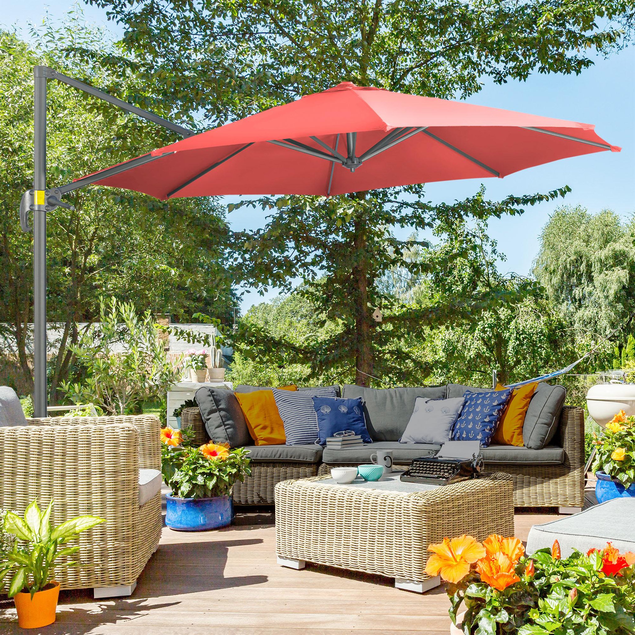 Voir la diapositive 2 : OUTSUNNY Parasol déporté octogonal inclinable manivelle avec pied en acier Ø 2,94 x 2,48H m rouge