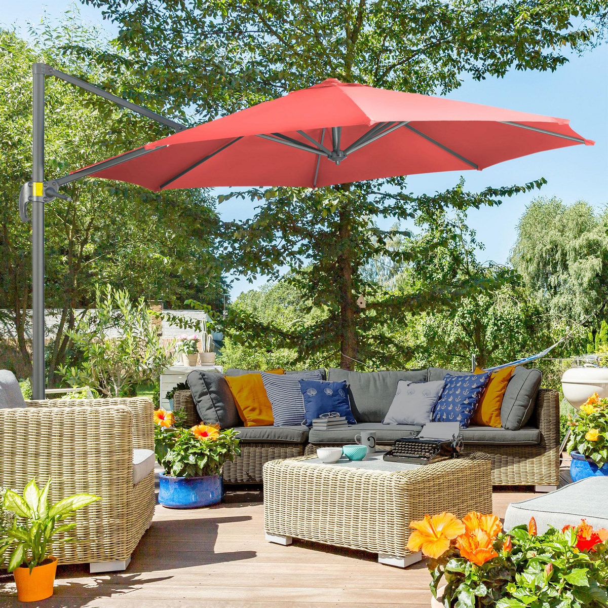 OUTSUNNY Parasol déporté octogonal inclinable manivelle avec pied en acier Ø 2,94 x 2,48H m rouge