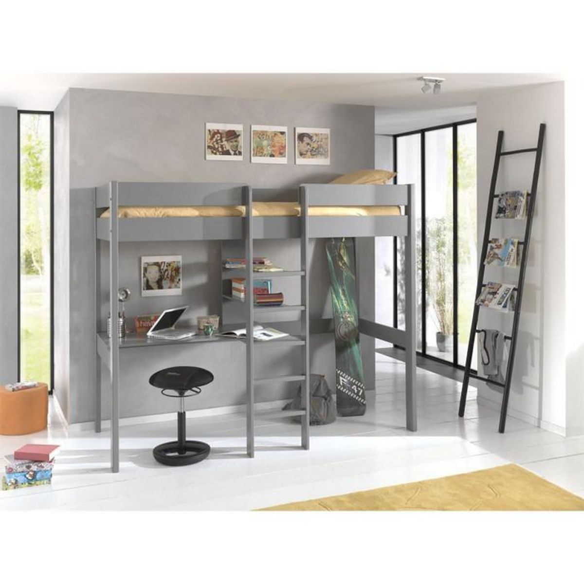 Paris Prix Lit Mezzanine & Bureau Enfant  Pino  90x200cm Gris