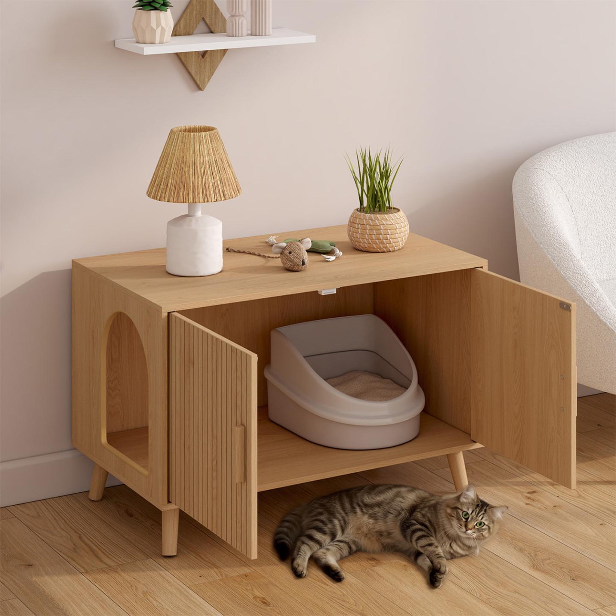 Voir la diapositive 4 : ID MARKET Maison de toilette chat cache-litière juliette avec doubles portes lattes tasseau bois coloris chêne