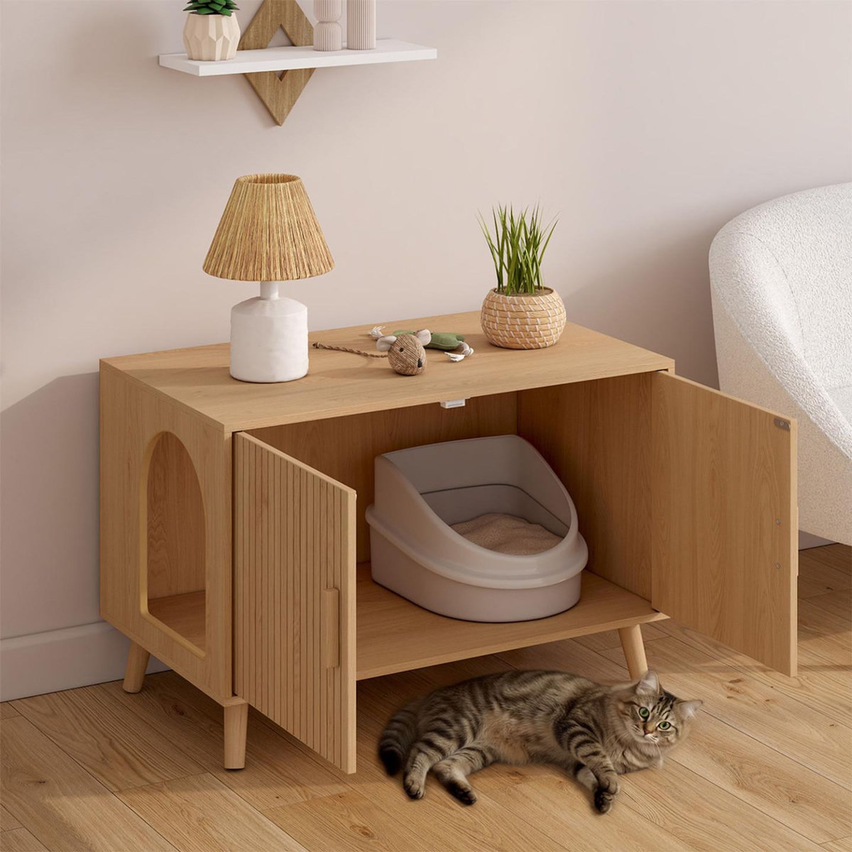 ID MARKET Maison de toilette chat cache-litière JULIETTE avec doubles portes lattes tasseau bois coloris chêne