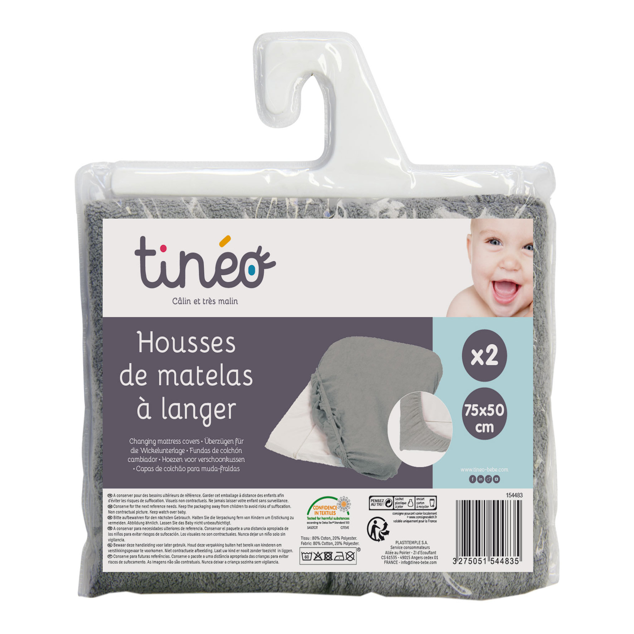 Voir la diapositive 2 : TINEO Lot de 2 housses pour matelas à langer en éponge 60 x 34 cm