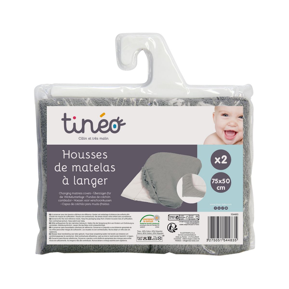 TINEO Lot de 2 housses pour matelas à langer en éponge 60 x 34 cm