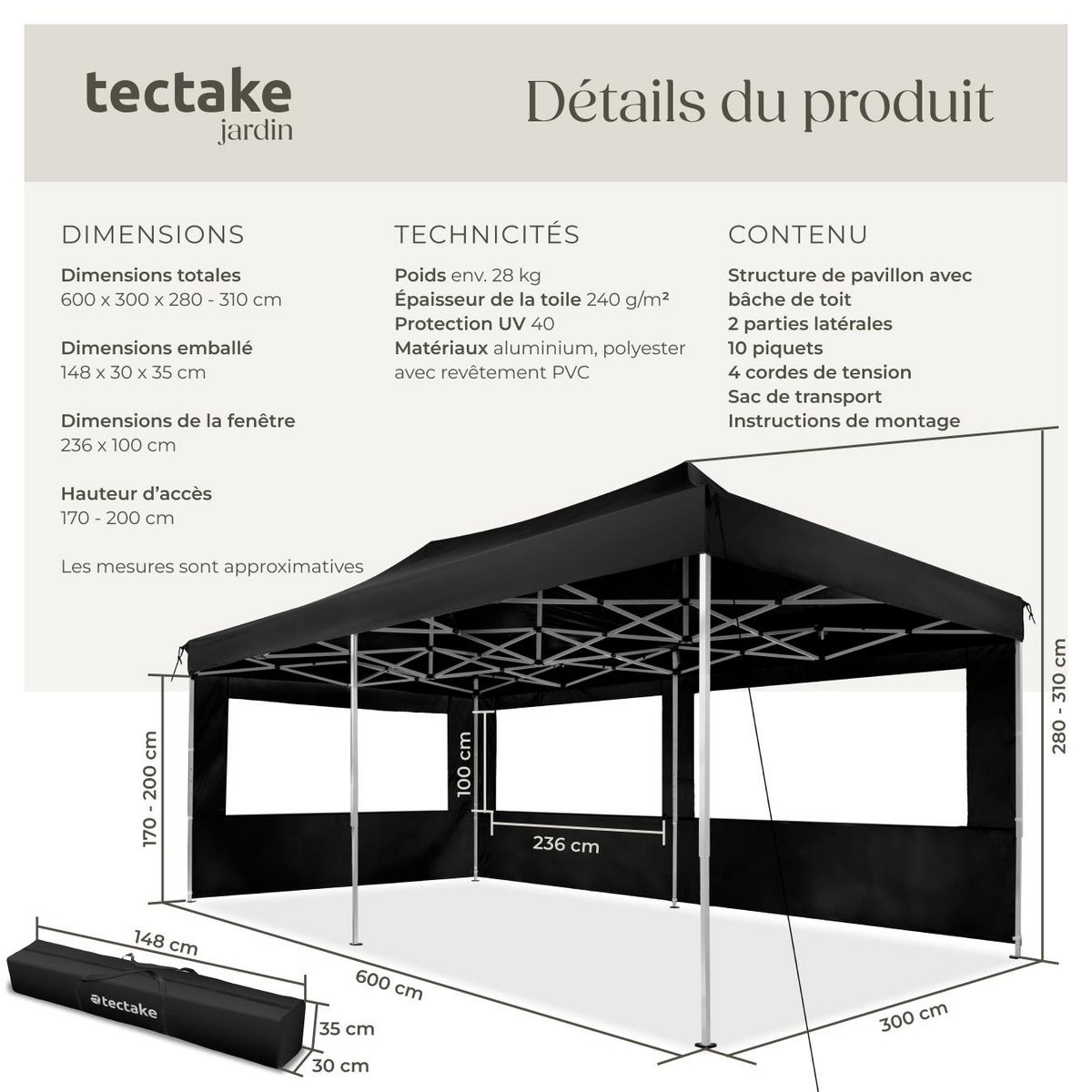 tectake Pavillon de jardin 6 x 3 m avec cadre en aluminium noir