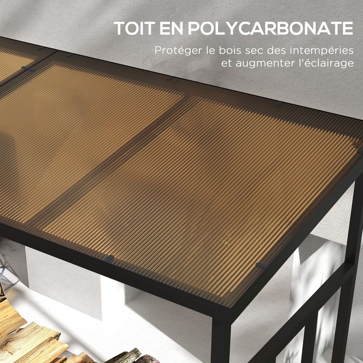 OUTSUNNY Abri-bûches pour bois de chauffage stockage extérieur du bois en métal et polycarbonate 185 x 67 x 185 cm noir