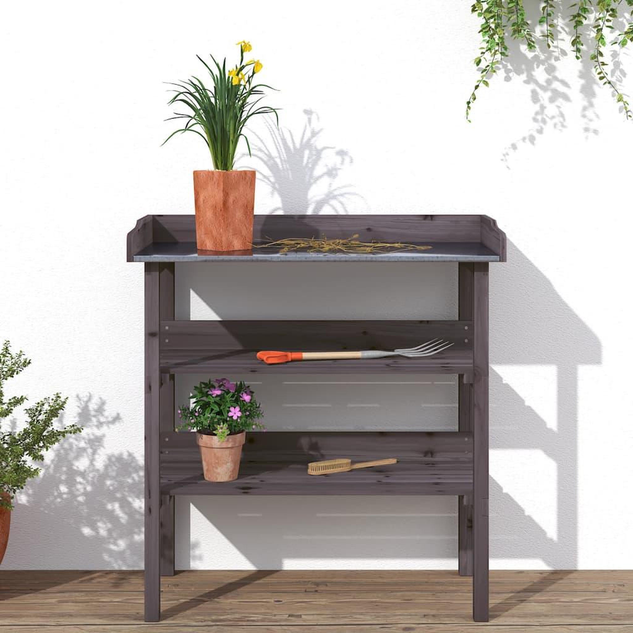 Voir la diapositive 3 : VIDAXL Table a plantes avec etageres gris 78x38x82,5 cm bois de sapin