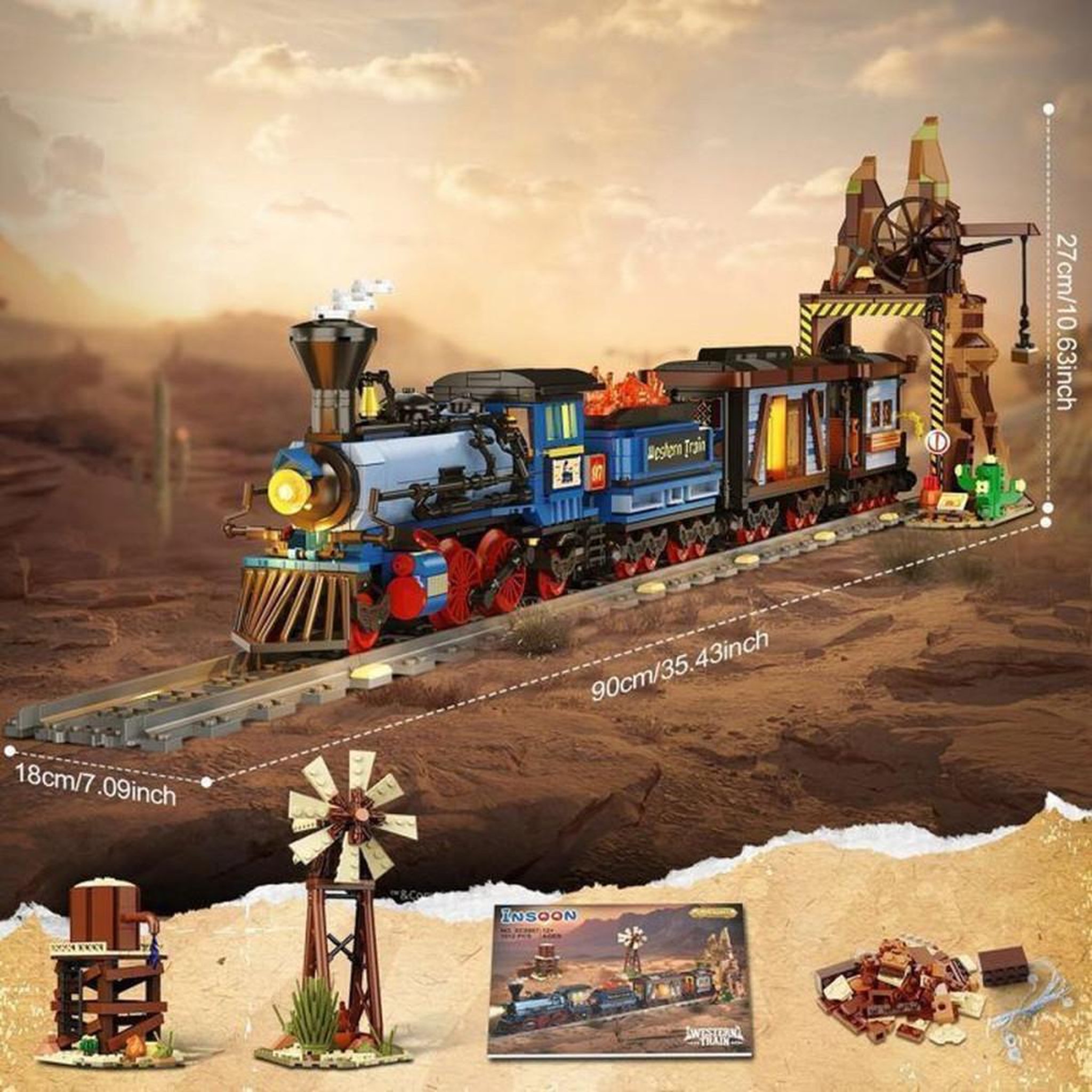 Voir la diapositive 4 : Ensemble de construction train statique Far West 1912 pièces avec rails vintage, moulin à vent rotatif, château d'eau rustique et éclairage LED