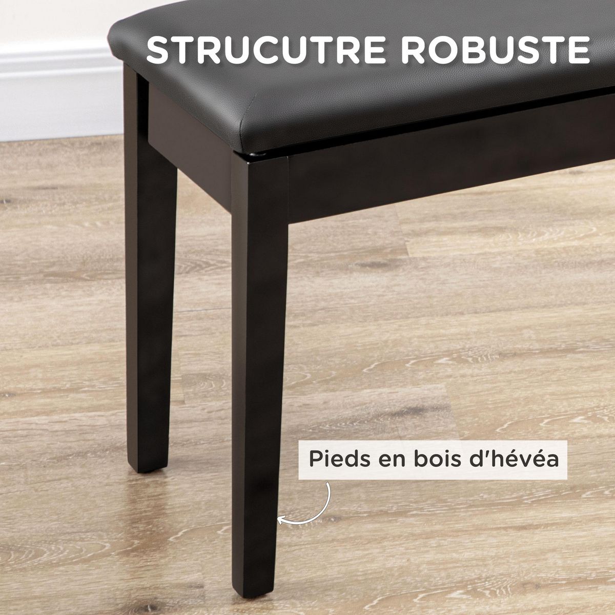 HOMCOM Banquette tabouret siège pour piano avec coffre de rangement pied bois hévéa revêtement synthétique noir