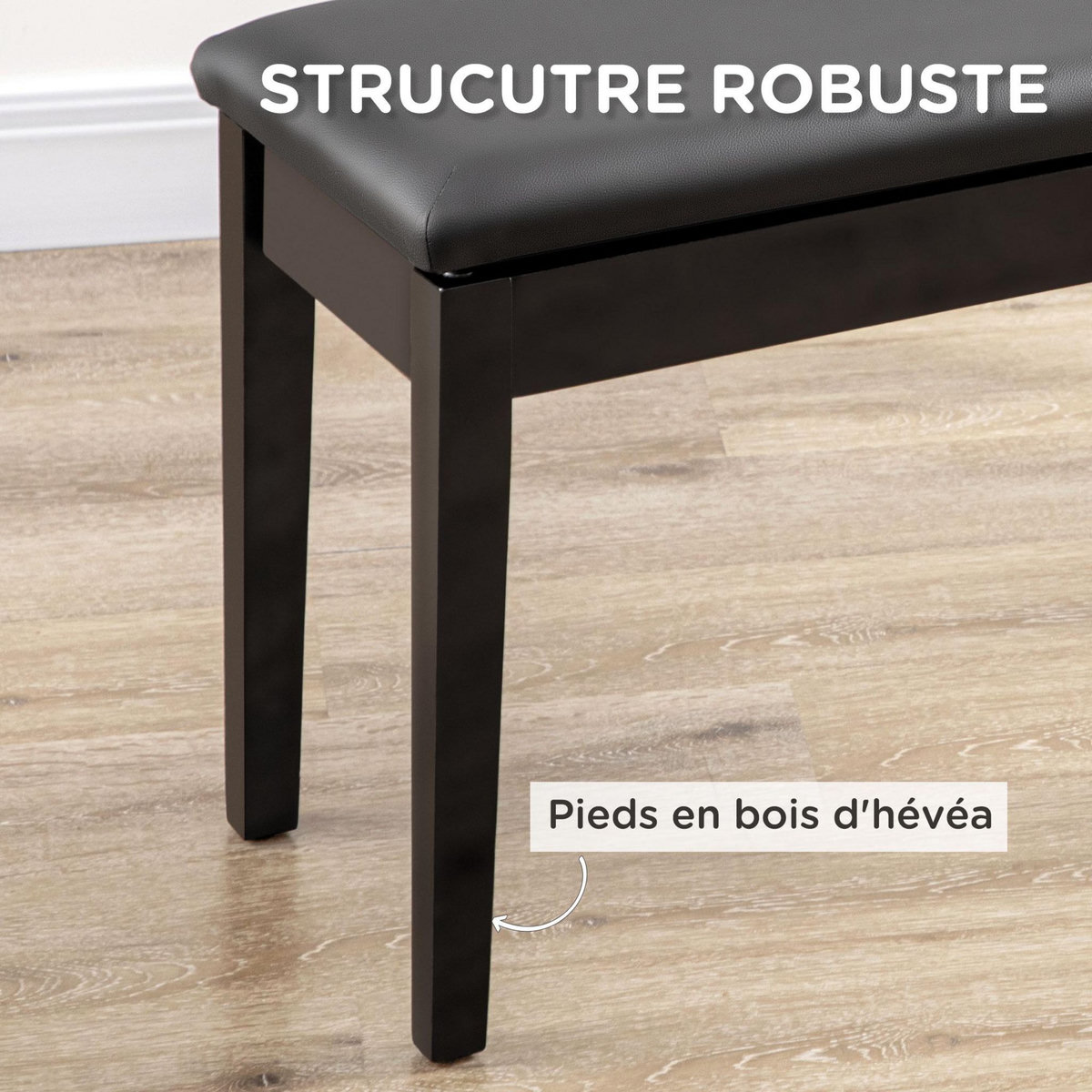 HOMCOM Banquette tabouret siège pour piano avec coffre de rangement pied bois hévéa revêtement synthétique noir