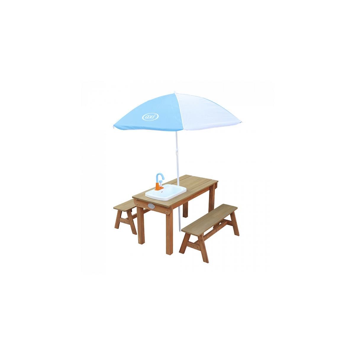 Axi House AXI Dennis Table sable et eau Picnic avec cuisine evier et banc Marron Parasol Bleu Blanc