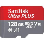 SANDISK Carte mémoire micro SD SanDisk Ultra Plus micro SDXC 128 Go Gris et Rouge + Adaptateur SD 150 MB s A1 Class 10 UHS I