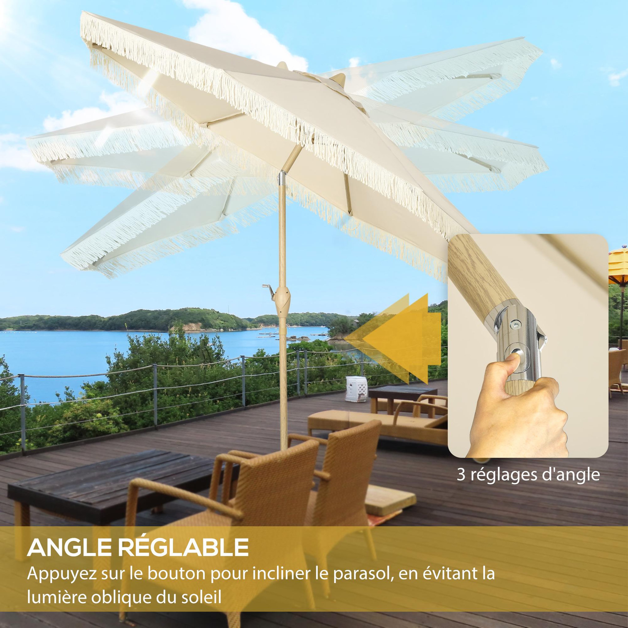 Voir la diapositive 4 : OUTSUNNY Parasol octogonal inclinable Ø 2,65 x 2,44H m mât baleine métal aspect bois polyester haute densité 180 g/m² beige