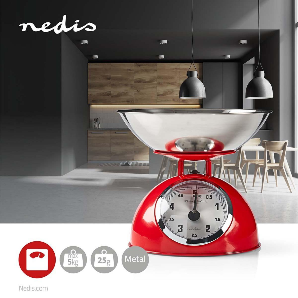 NEDIS Balance de cuisine Retro Rouge Analogique Bol amovible acier 5kg Fonction Tare NEDIS