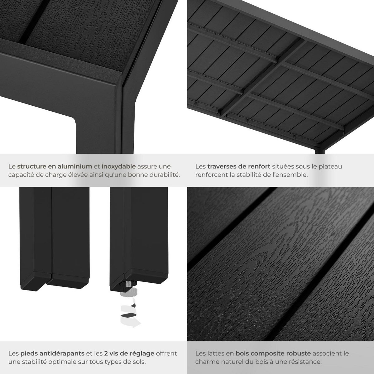 tectake Table de jardin en aluminium et plastique noir/noir