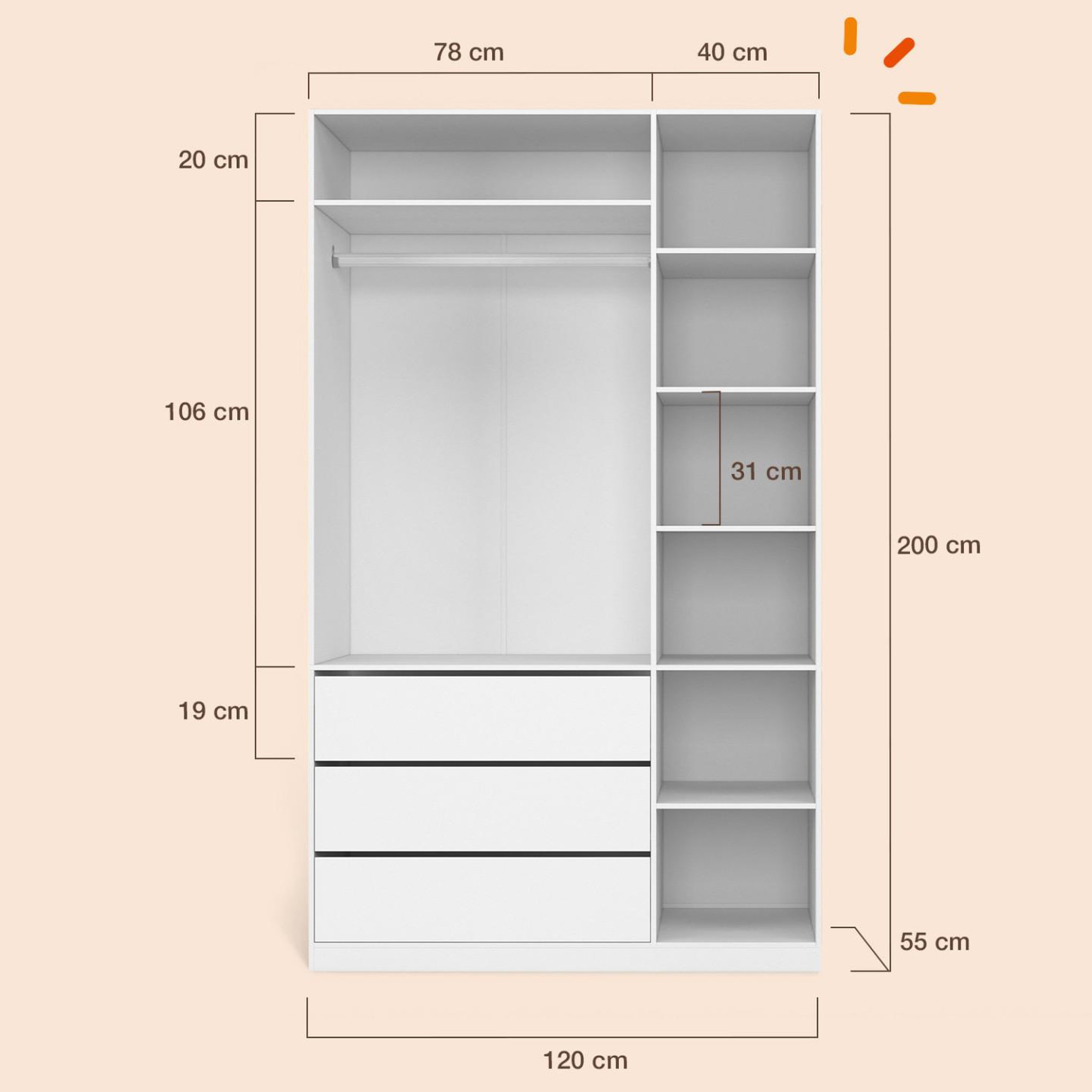 Voir la diapositive 4 : ID MARKET Dressing TAYLOR 120 x 55 x 200 cm avec penderie + étagères + tiroirs blanc