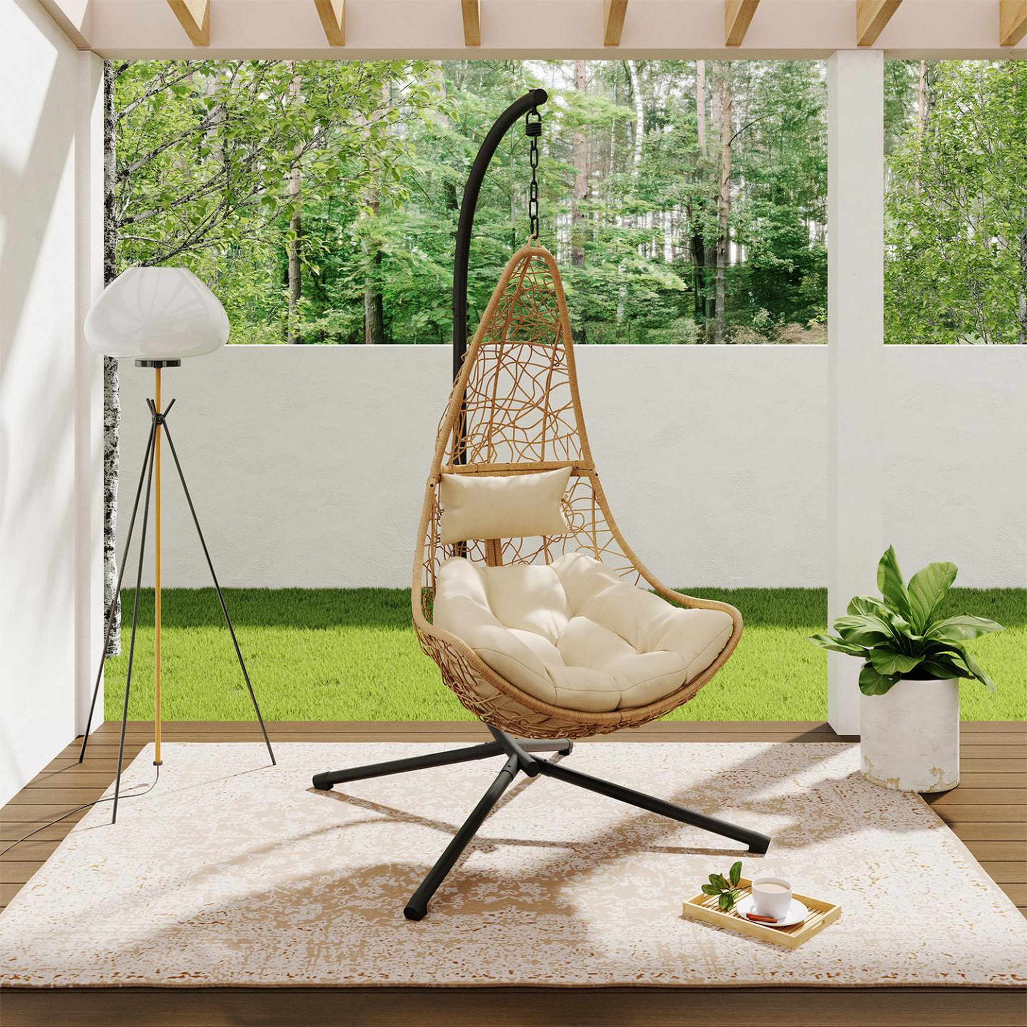 Voir la diapositive 2 : ID MARKET Fauteuil demi-lune suspendu ajouré effet rotin avec coussin écru