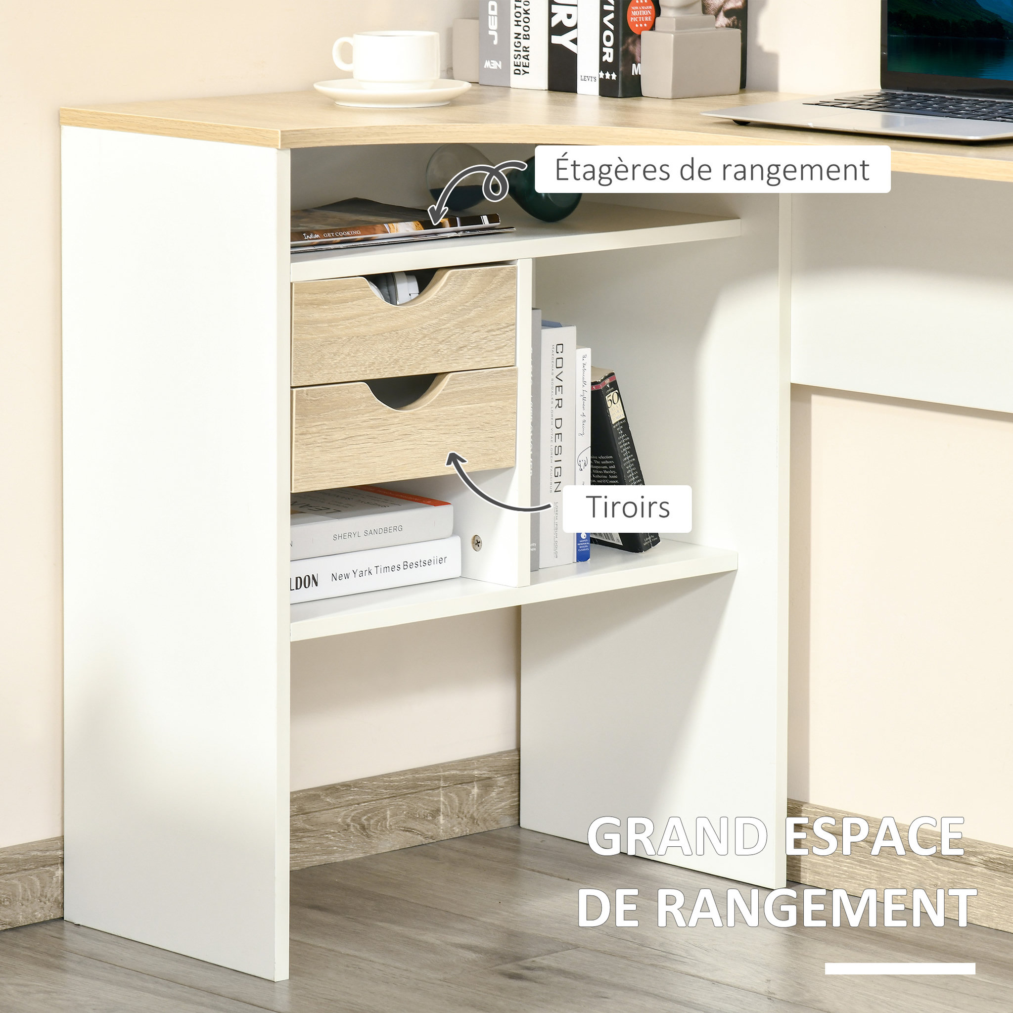 Voir la diapositive 5 : HOMCOM Bureau d'angle bureau informatique multimédia multi-rangement métal panneaux particules aspect chêne clair blanc