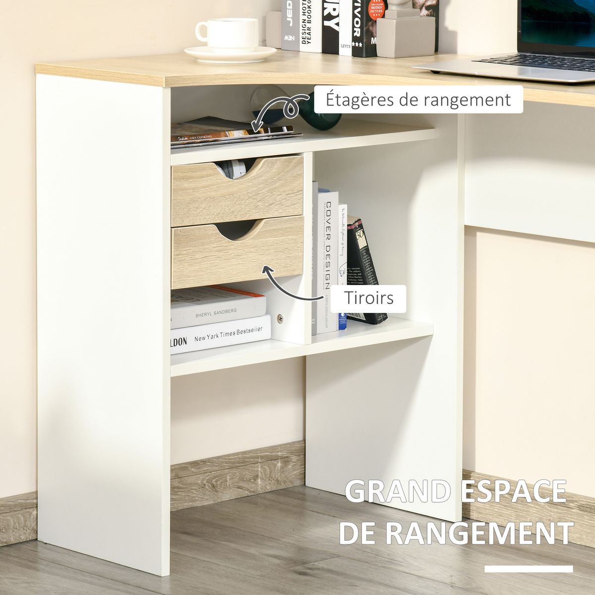 HOMCOM Bureau d'angle bureau informatique multimédia multi-rangement métal panneaux particules aspect chêne clair blanc