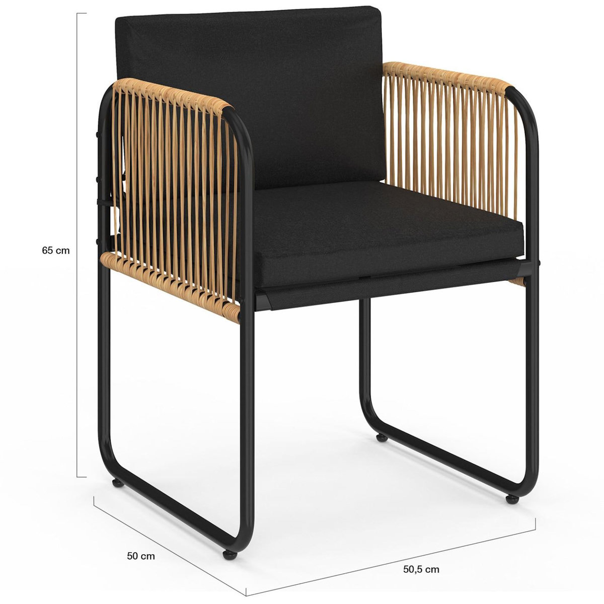 ID MARKET Lot de 4 chaises de jardin RIO structure métal noir, cordage effet rotin clair et coussins noirs