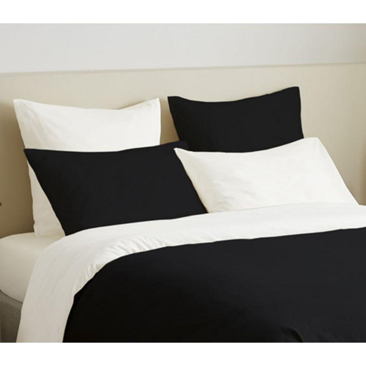 COTON PUR Pack complet 6 pièces Noir/Blanc réversible housse de couette pour lit 140 x 190 cm