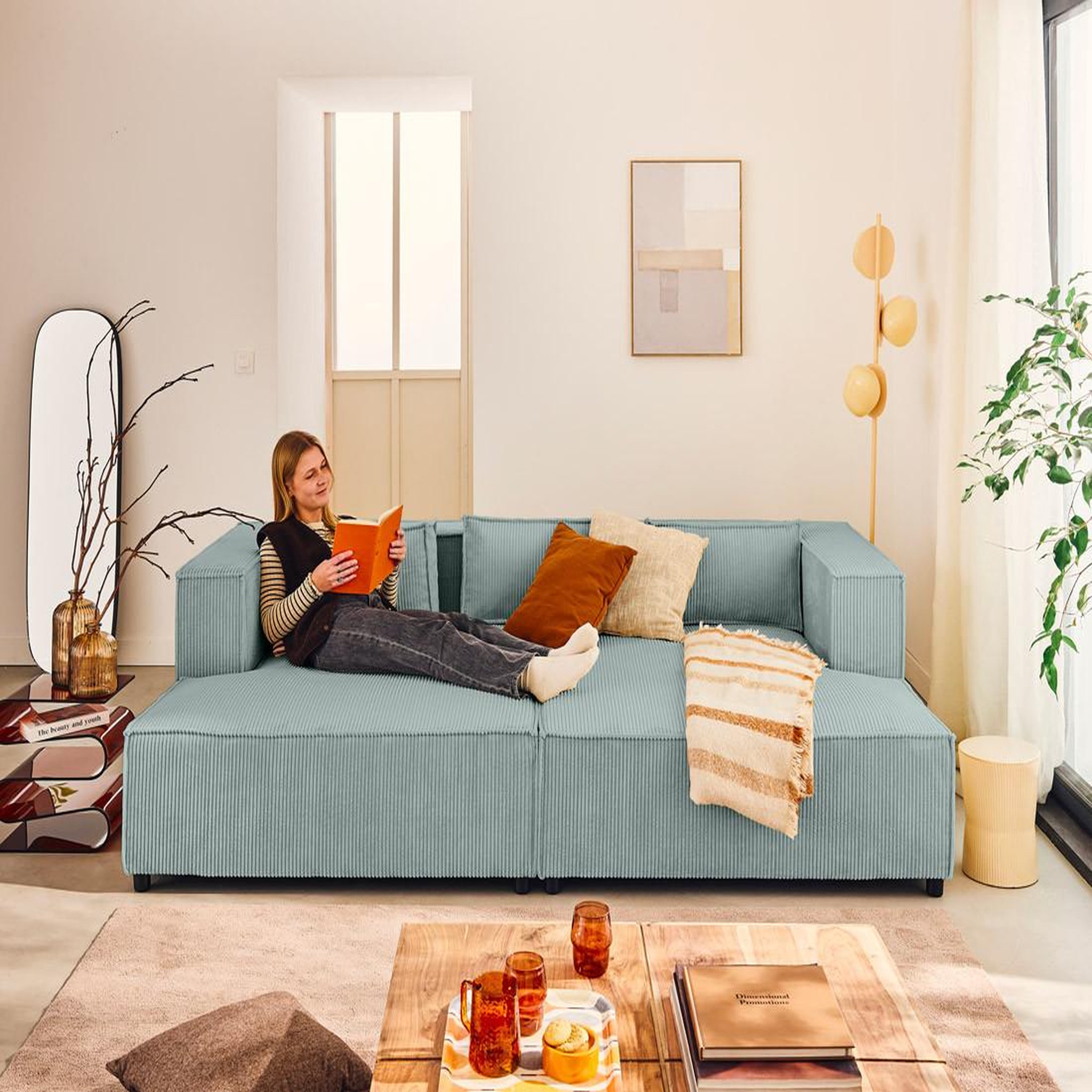 Voir la diapositive 2 : LISA DESIGN Stella - canapé droit 3 places avec double méridienne - assise profonde - en velours côtelé