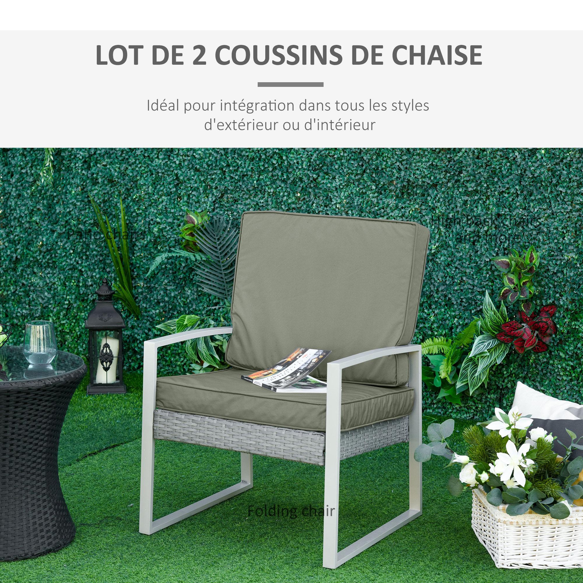 Voir la diapositive 6 : OUTSUNNY Coussins de fauteuil de jardin zippés déhoussables - galettes de chaise de jardin - épais rembourrage 7 cm - polyester haute densité gris