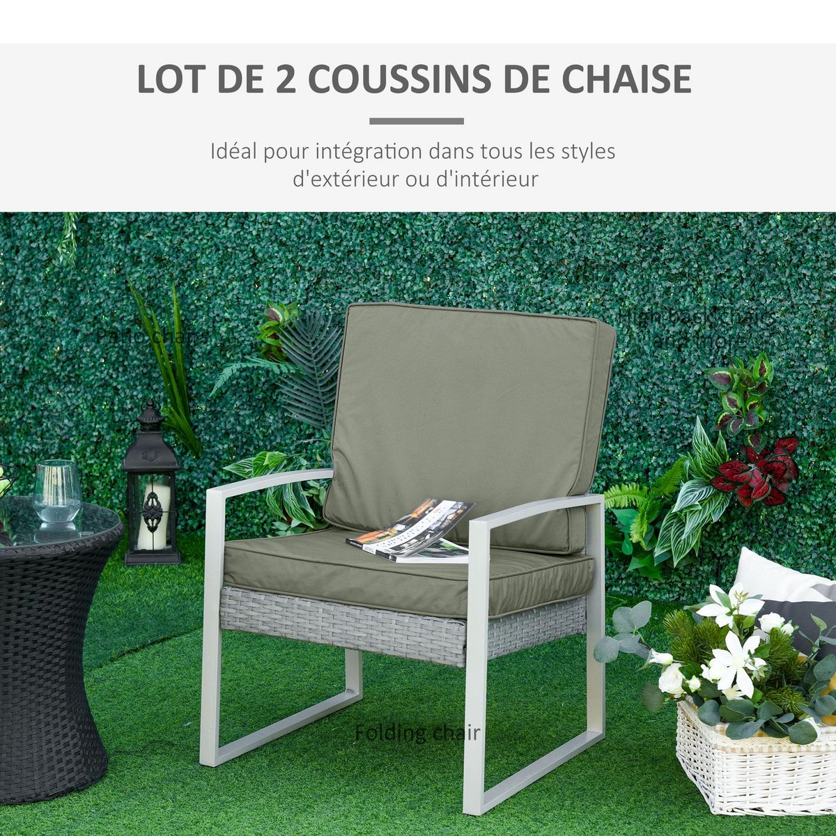 OUTSUNNY Coussins de fauteuil de jardin zippés déhoussables - galettes de chaise de jardin - épais rembourrage 7 cm - polyester haute densité gris