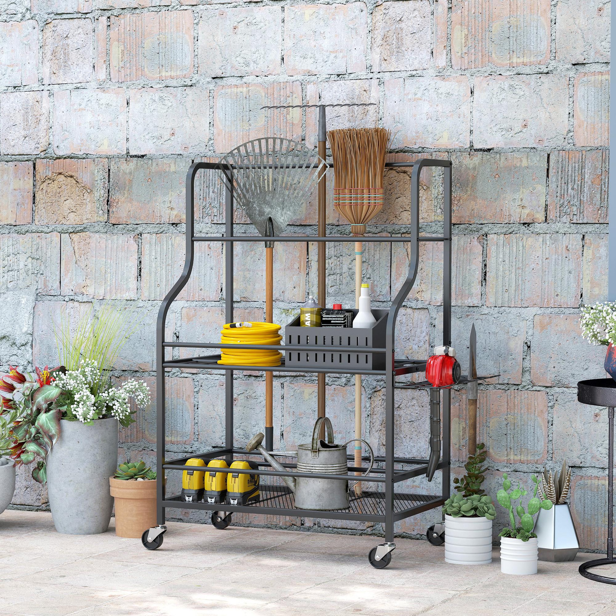 Voir la diapositive 4 : OUTSUNNY Organisateur d'outils de jardin - chariot de jardin - desserte - 5 crochets, 54 compartiments - acier noir